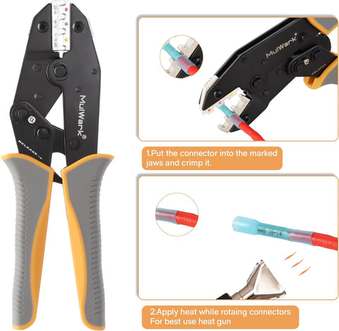 Wire Crimping Tool Kit with Ratcheting Crimping Tool for Heat Shrink Connectors, Includes 210 Heat Shrinks