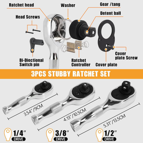 Stubby Ratchet Set 3PCS ( 1/4", 3/8", 1/2")