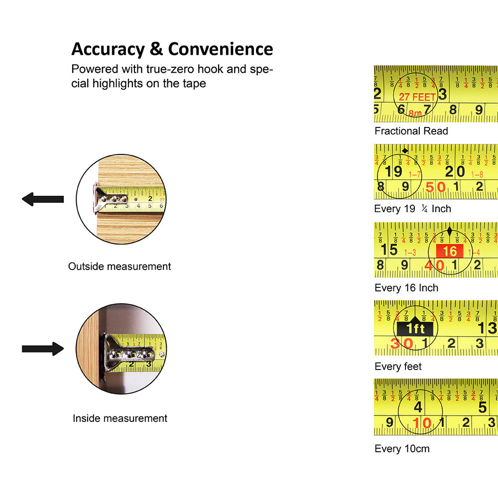 Measuring Tape Measure, 25 Ft Decimal Retractable Dual Side Ruler